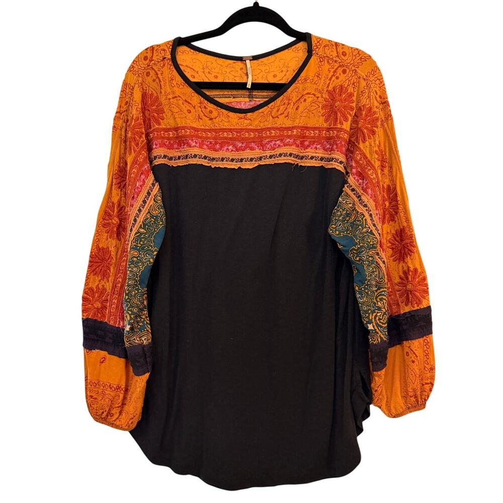 Free People Boho Patchwork Tunic Top M Orange Black Floral Balloon Sleeve